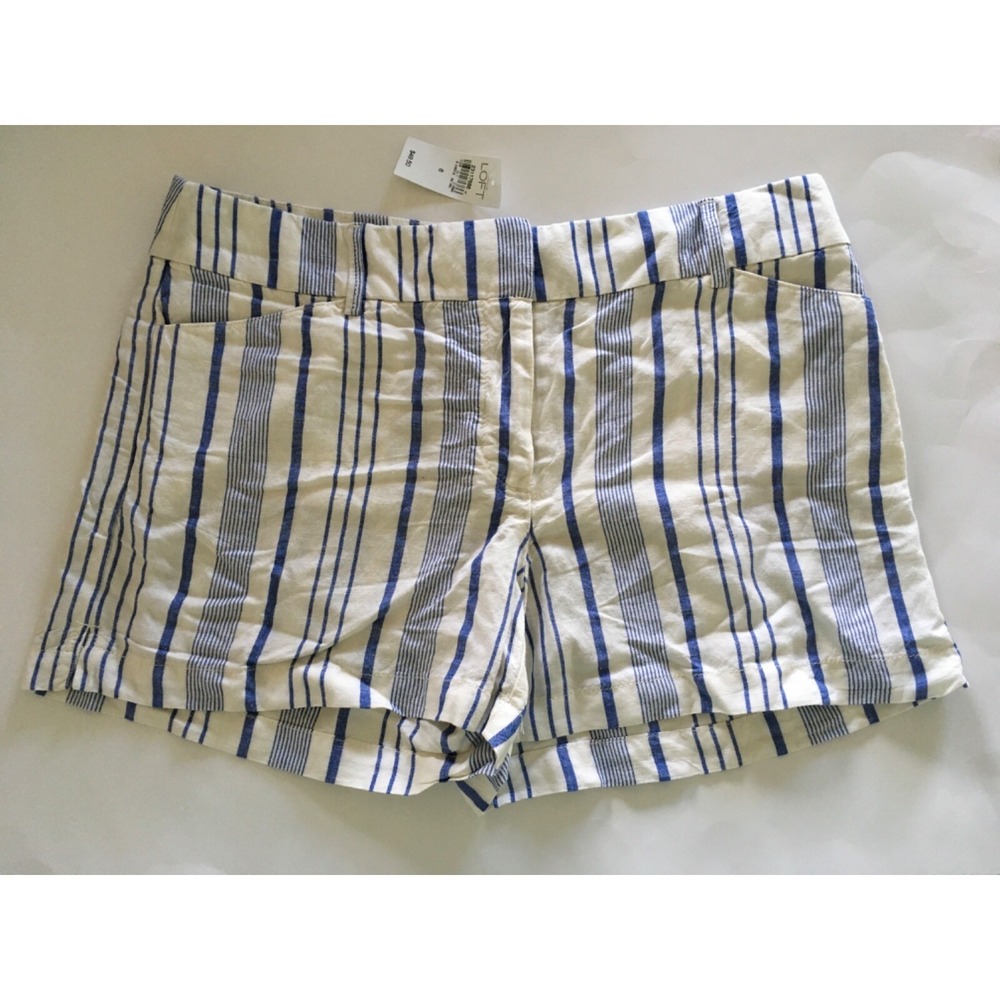 Ann Taylor Loft Riviera Blue White Vertical Stripe Linen Shorts Sz 6  4" Inseam